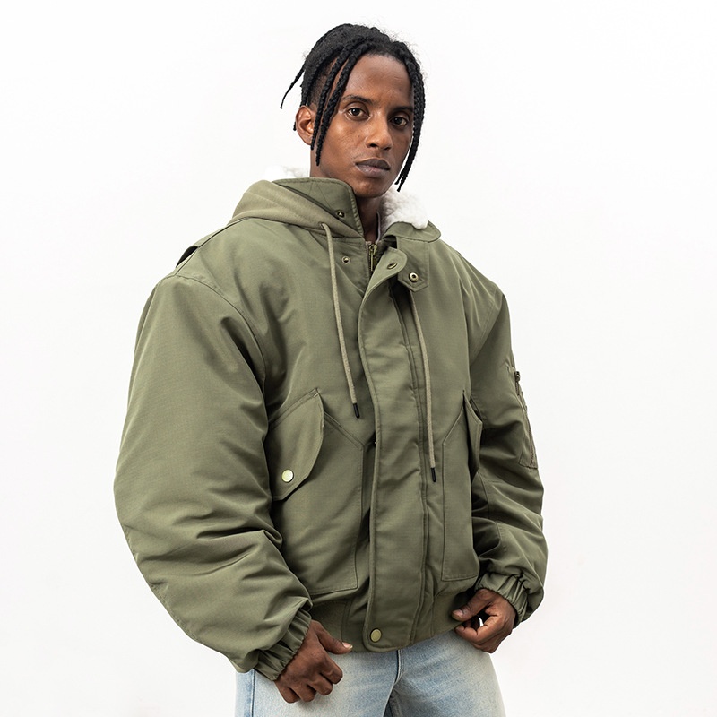 FGSSMen's Clothing|Autumn And Winter Fashion Brand Flight Jacket Cotton Jacket Solid Color Hooded Multi-Pocket Work Jacket