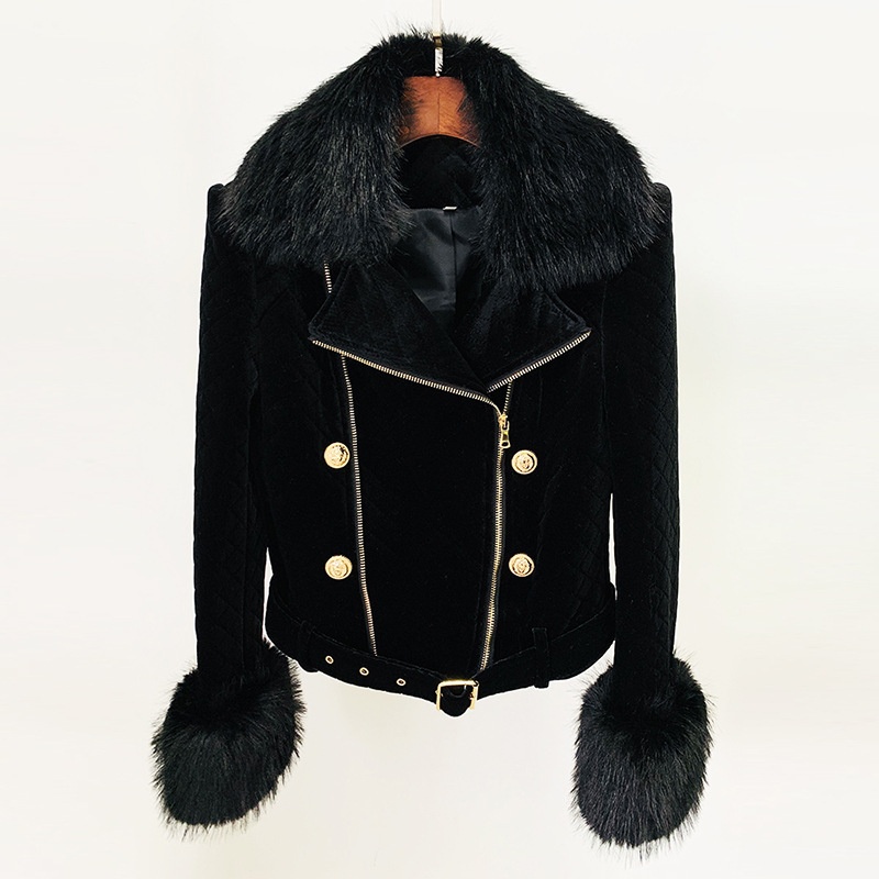 Autumn And Winter Detachable Simulated Fox Fur Collar Quilted Gold Velvet Double Zipper Motorcycle Jacket