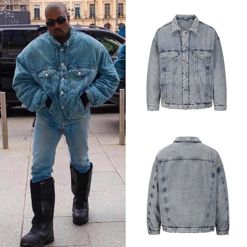 KANYEKanye's Same Autumn And Winter Denim Quilted Jacket Loose Distressed Casual Retro Warm Cotton Jacket Men