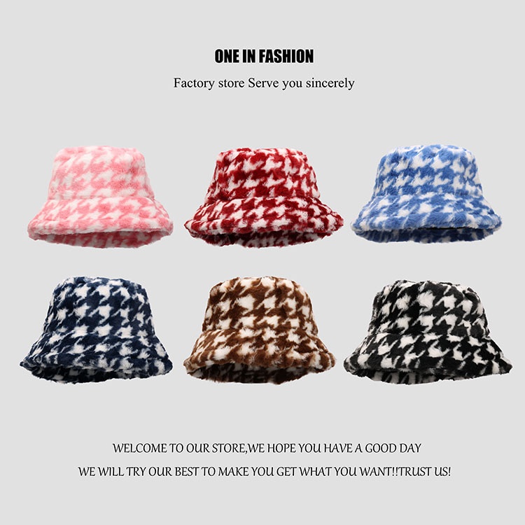 Fashionable Houndstooth Plush Retro Fisherman Hat Autumn And Winter Thick Warm Hat Korean Version Women's Versatile Basin Hat