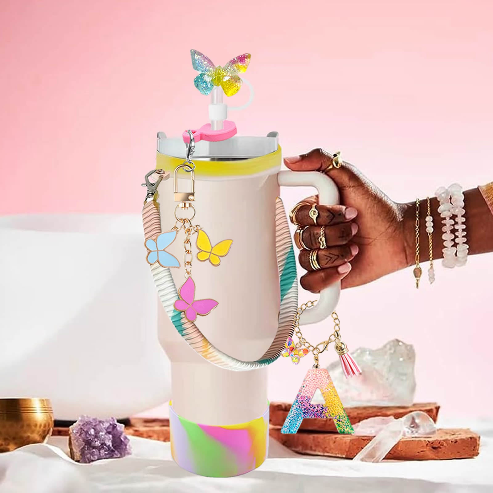 Stanley Straw Cover Colorful26 Letters Butterfly Pendant Pearl Hand Chain Tassel Decoration Resin Straw Cap