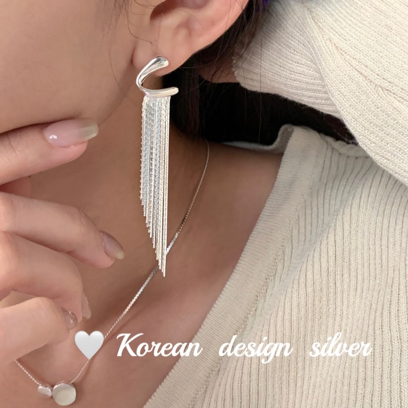 Bright Silver Ear Jewelry S925 Sterling Silver Z-shaped Tassel Long Earrings Niche Design Blogger
