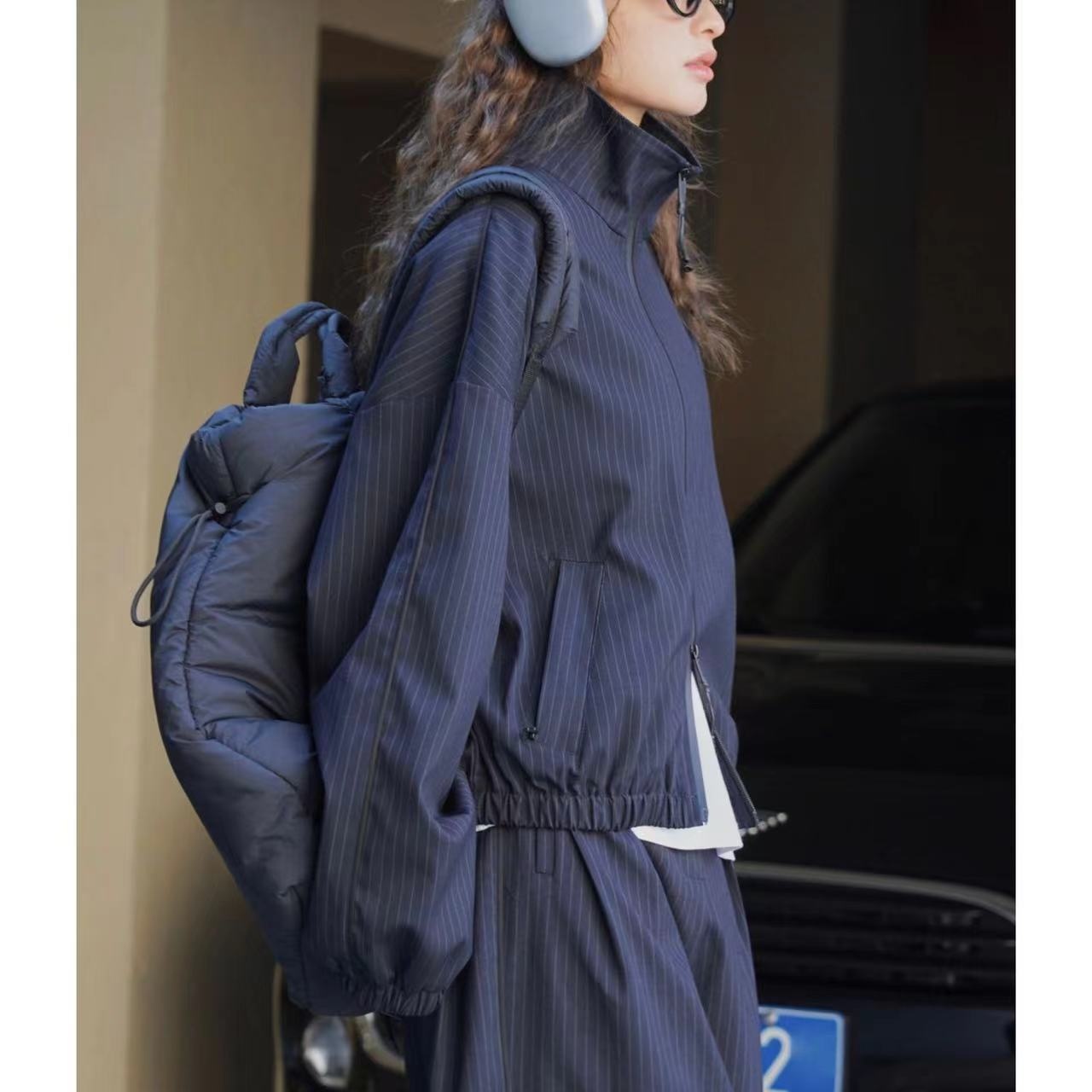 Louvre Spring Paris Fashion Casual Striped Zipper Jacket Stand Collar Crisp Loose Slimming Coat Women