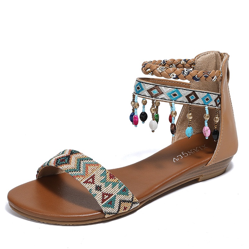 Ethnic Style Roman Sandals Hand-beaded Back Zipper Ethnic Bohemian Flat Shoes