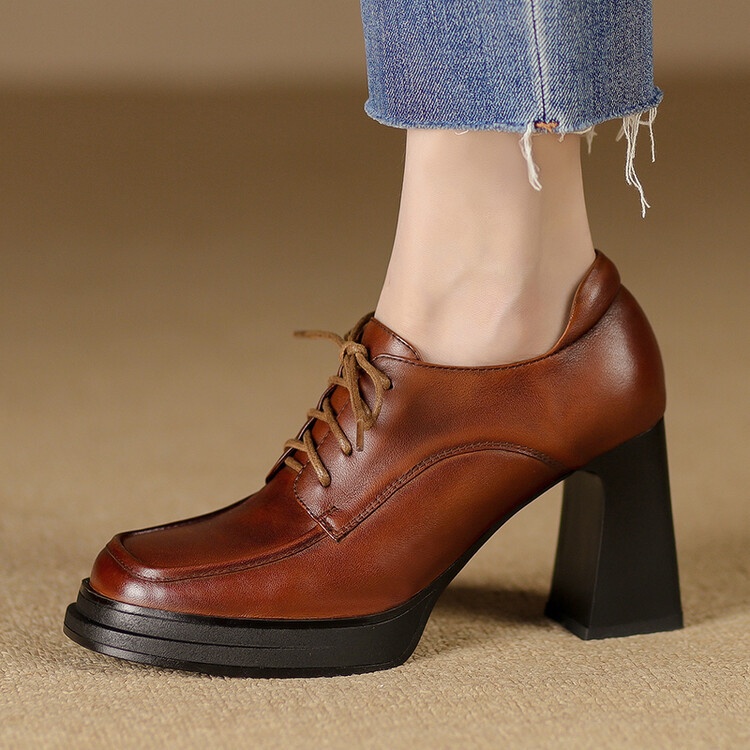 Retro Thick Heel Single Shoes For Women Cowhide Lace-up British Style Small Leather Shoes Autumn Waterproof Platform High Heels