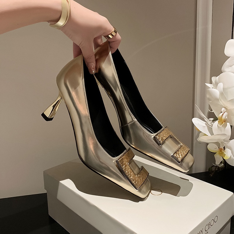 Beautiful C-shaped Buckle Square Head Sexy Kitten Heel Temperament High Heels Spring Cowhide Elegant Dream Shoes