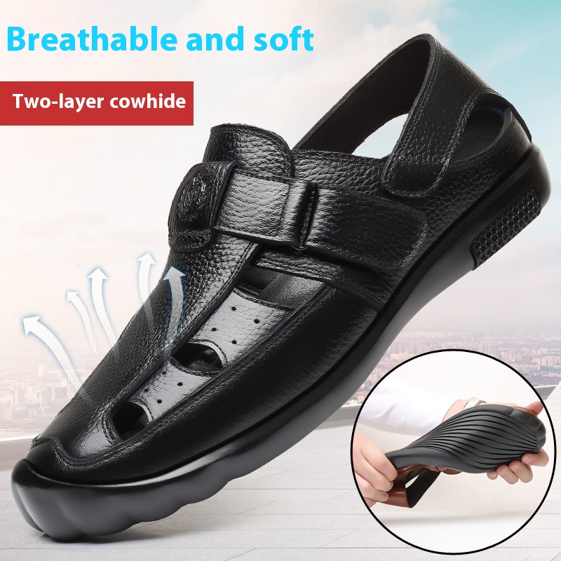 Summer Men's Sandals Genuine Leather Hollow Breathable Men's Shoes Casual Leather Hole Shoes Soft Sole Middle-aged Dad Shoes