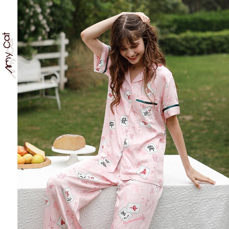 Miximao Summer Cotton Women's Pajamas Cute Short-sleeved Korean Mahjong Trousers Set Can Be Worn Outside Home Clothes T