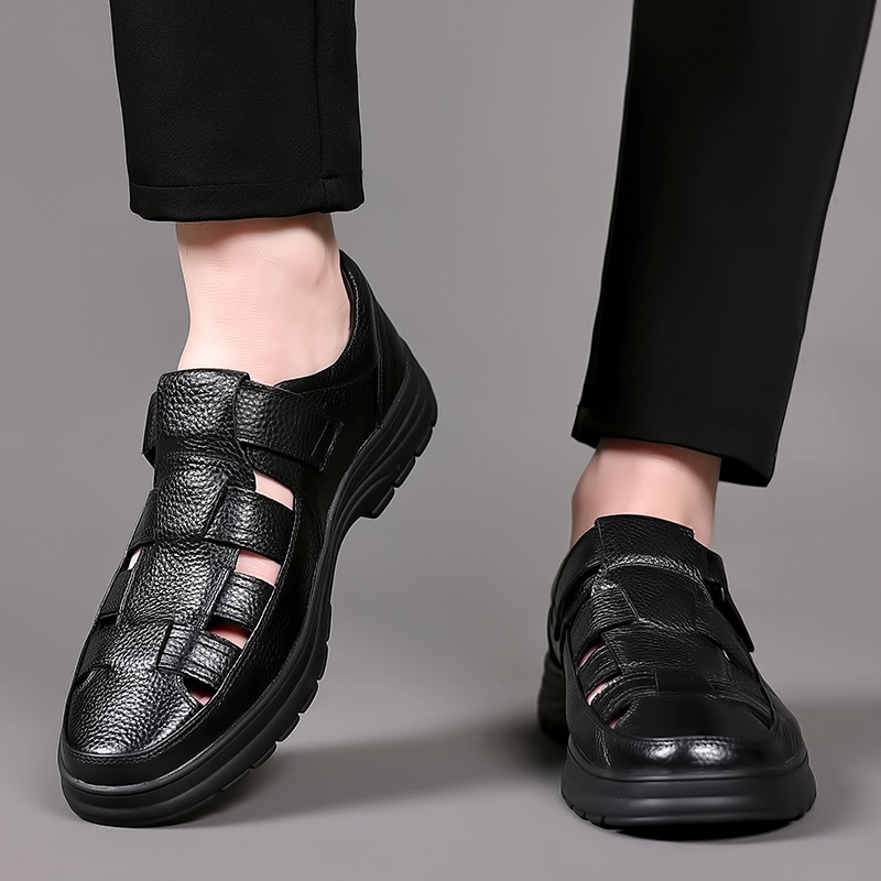 Summer Casual Men's Hollow Hole Shoes Velcro Sandals Middle-aged And Elderly Soft-soled Lightweight Breathable Walking Shoes