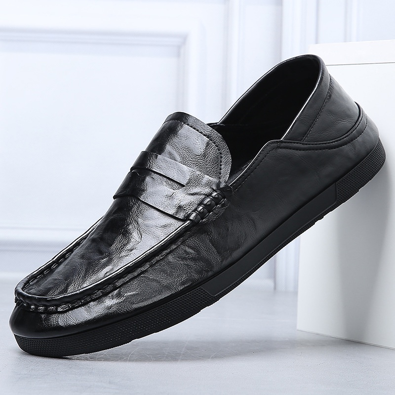 Spring Men's Slip-On Genuine Leather Breathable Casual Tods Korean Style All-match Low-top Daily Men's Leather Shoes
