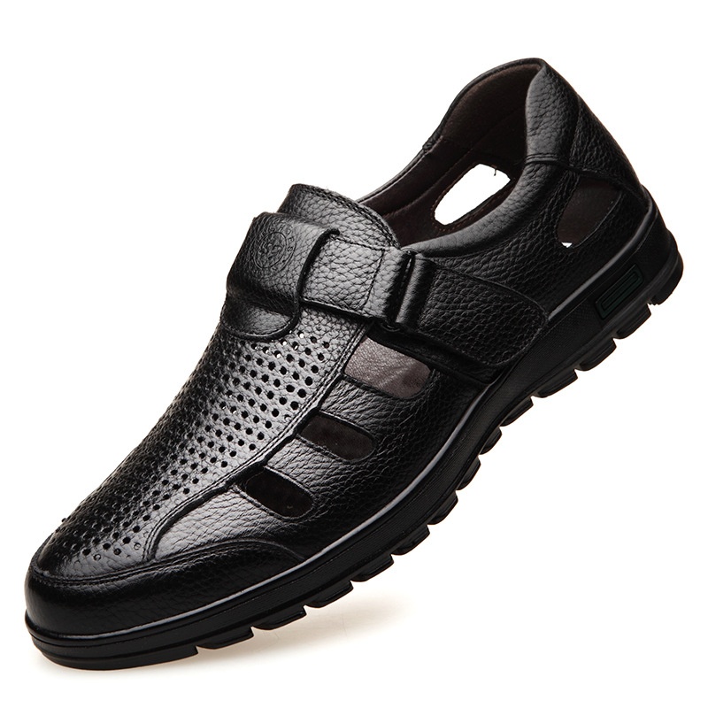 Summer Genuine Leather Hollow Sandals Velcro Hole Shoes Breathable Casual Men's Shoes Soft Sole Dad Sandals Men7688