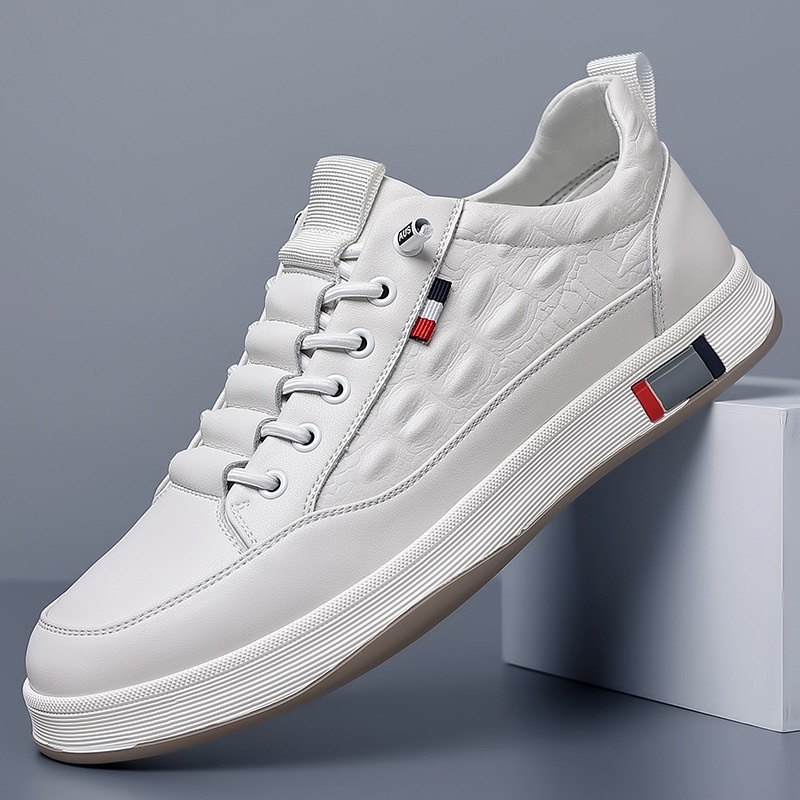 Spring Crocodile Pattern Toe Shoes Men's Casual Driving Shoes Soft Sole Slip-On White Shoes Sports Leather Shoes