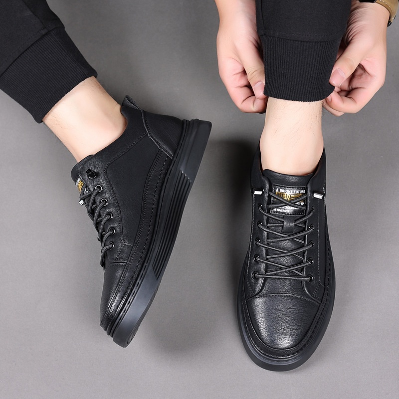 Men's Autumn Leather Shoesy Soft Sole Men's Casual Shoes Winter Plus Velvet Cotton Shoes Black Sports All-match Sneakers