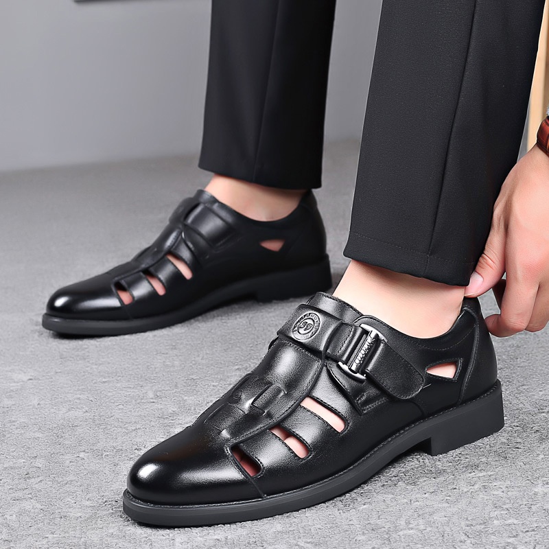 Summer Leather Sandals Men's Breathable Toe Hollow Elderly Dad Casual Shoes Hole Leather Shoes Men