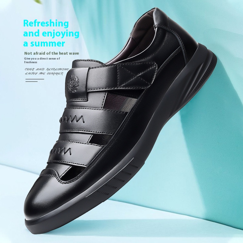 Men's Casual Leather Sandals Men's Korean Styley Hole Shoes Summer Men's Shoes Work Shoes Men's Black Velcro Sandals