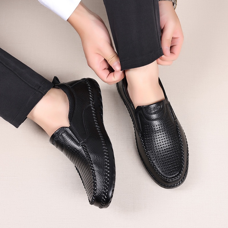 Leather Sandals Men Genuine Leather Hollow Sandals Men's Casual Slip-on Top Layer Cowhide Middle-aged And Elderly Dad Shoes