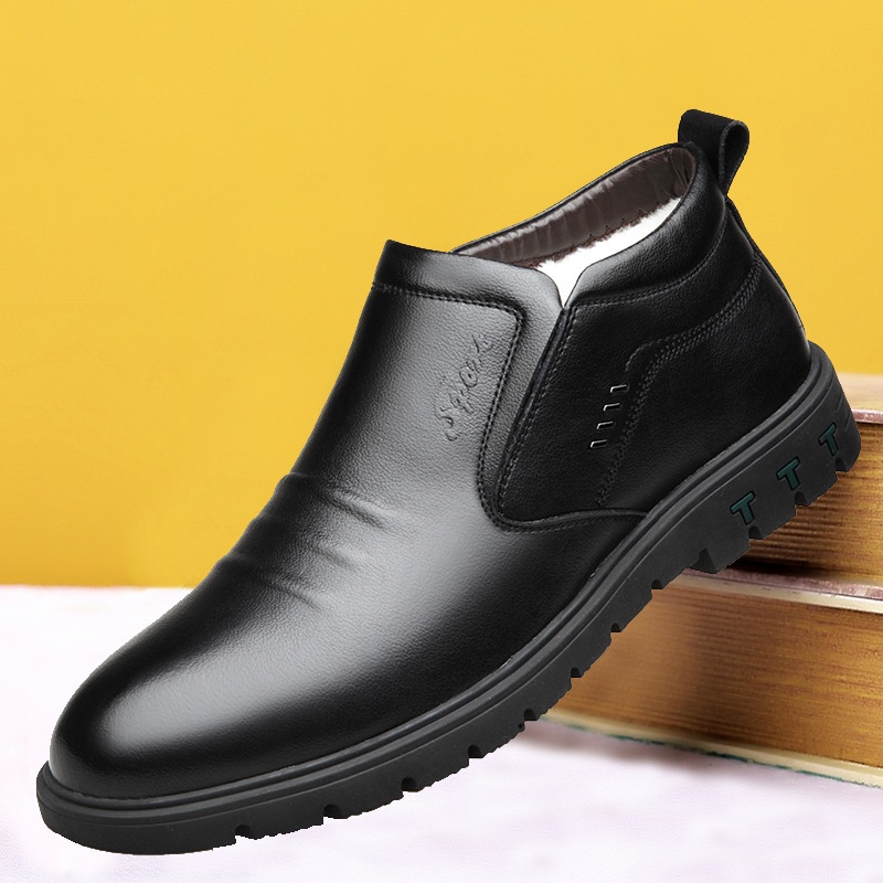 Winter Men's Dad Cotton Shoes Leather Plus Velvet Warm Casual Leather Shoes Soft Leather Cover Foot Thick Plus Velvet Men's Cotton Shoes