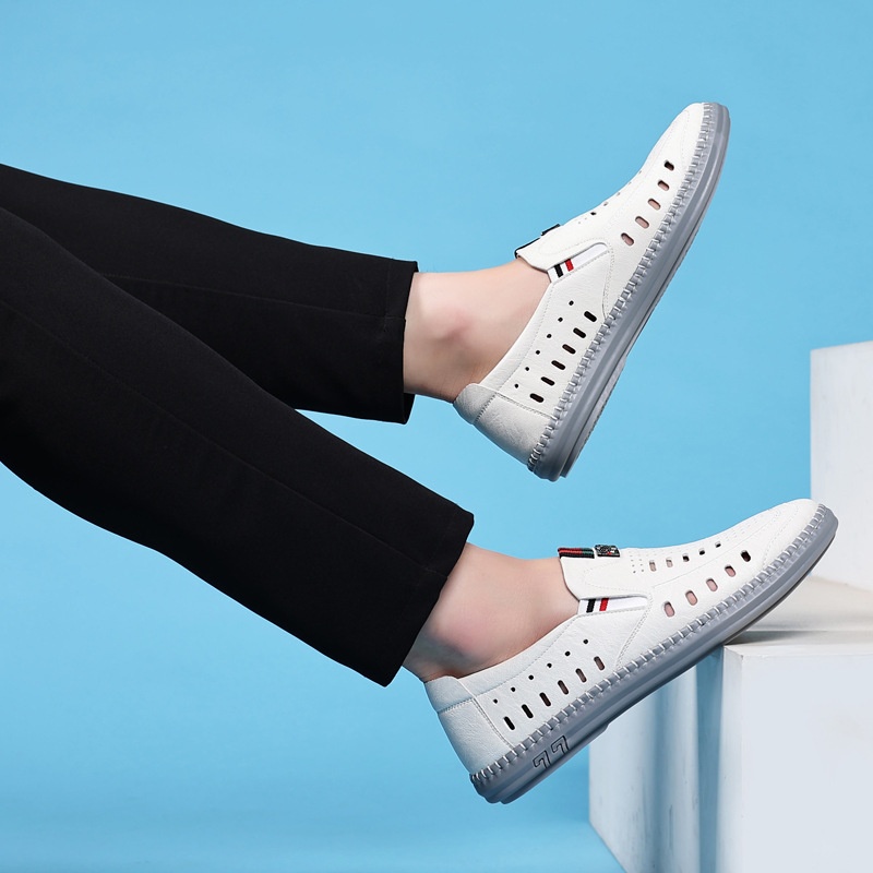 Summer Hot Men's Sandals Genuine Leather Business Hollow Perforated Men's Shoes Soft Bottom Hole Daddy Leather Shoes White
