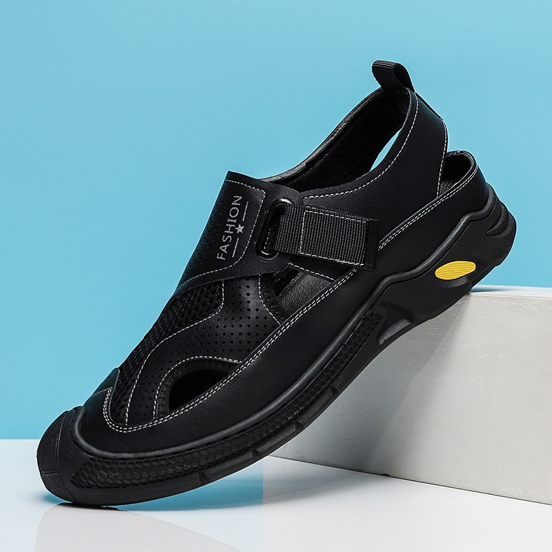 Men's Summer Sandals Genuine Leather Breathable Closed Toe Mesh Outdoor Leisure Hole Shoesy Roman Non-slip Beach Shoes Men's