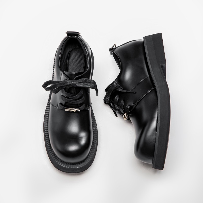 Small-size Genuine Leather Big Head Derby Shoes Men's Business Black Round Head Thick Bottom Small Leather Shoes Increase Height Versatile Commutery Shoes