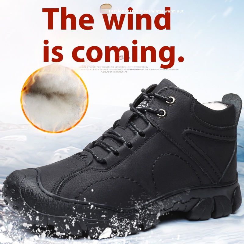 Winter Cotton Shoes Men's Genuine Leather Warm Plus Velvet Thickened Wool Martin Boots Casual High Top Snow Boots