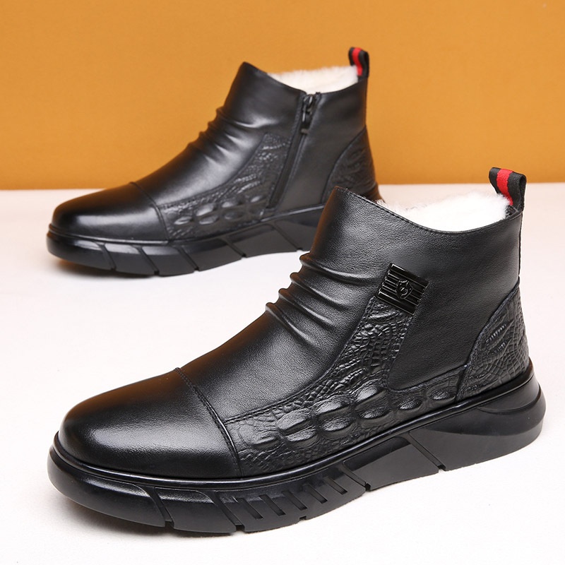 Genuine Leather Men's Shoes Winter Plus Velvet Warm High-top Leather Shoes Crocodile Pattern Quick-hand Casual Shoes Men's Net Celebrity Men's Cotton Shoes
