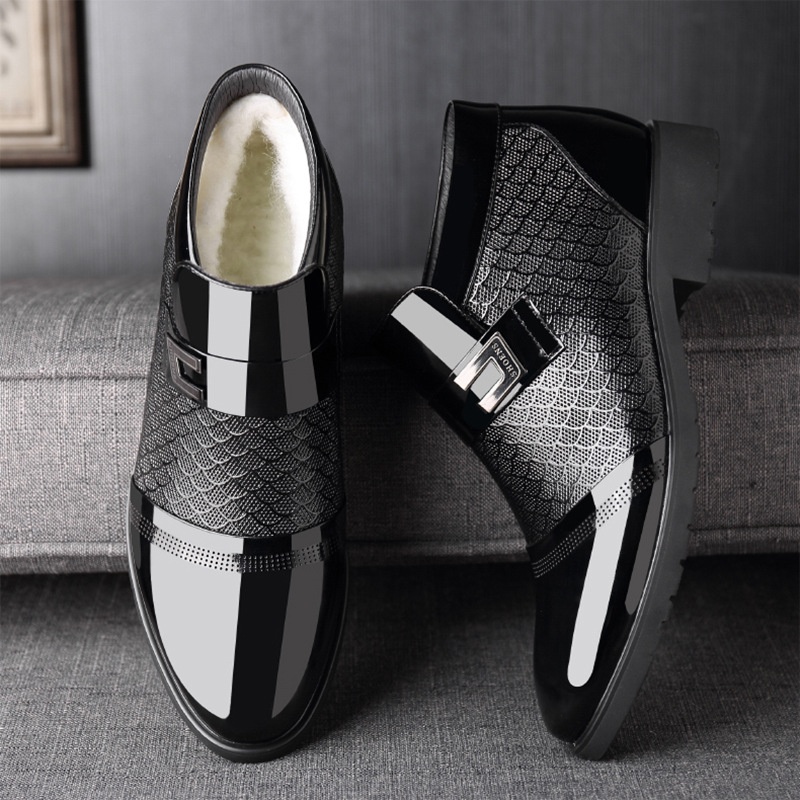 Winter Thick Warm Cotton Shoes Men's Painted Shiny Leather High Top Men's Shoes Plus Velvet Non-slip Business Formal Leather Shoes Men