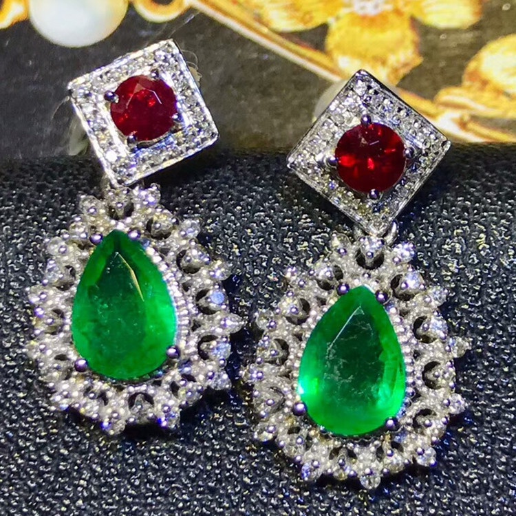 Exaggerated Style Luxury Colored Gemstone Jewelry18k Gold Earrings1.5 Carat Natural Emerald Ruby Earrings