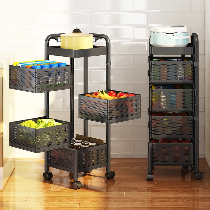 Household Carbon Steel Floor-standing Kitchen Multi-layer Square Rotating Fruit And Vegetable Basket Movable Kitchen Fruit And Vegetable Rack