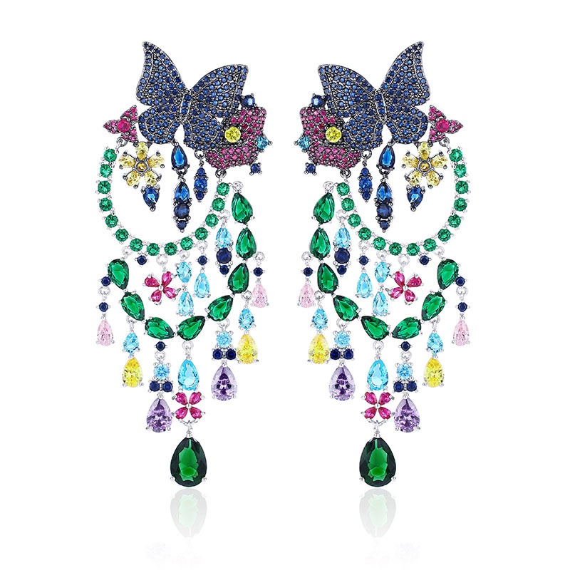 创意耳饰时尚彩色蝴蝶锆石耳环S925银针流苏