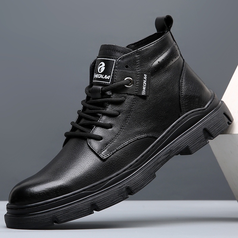 Genuine Leather Men's Leather Shoes British Style Plus Velvet Warm First Layer Cowhide Mid-tube Leather Boots Men's Casual Mid-high Boots Men