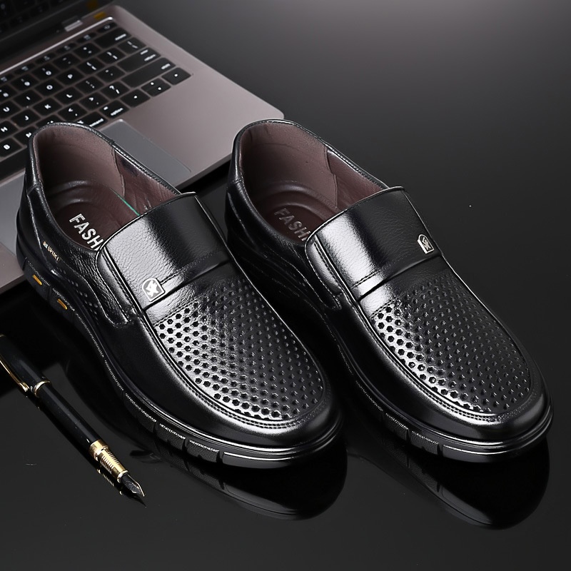 Summer Breathable Leather Shoes Middle-aged Soft-soled Daddy Shoes Large Size Hollow Perforated Sandals Men's Genuine Leather Non-slip