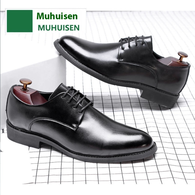 Muhuisen Autumn Business Formal Leather Shoes Men's Genuine Leather Office Shoes Lace-up Wedding Shoes