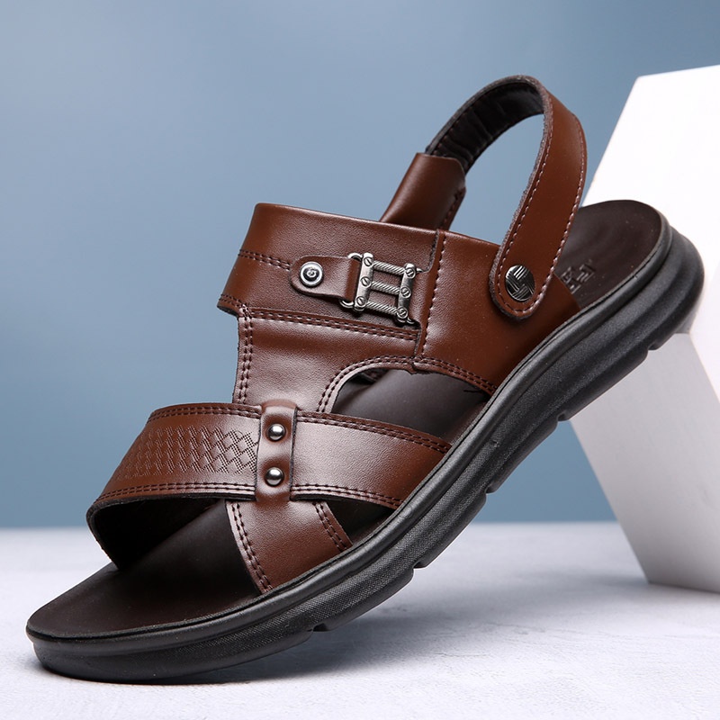 Genuine Leather Sandals Men Summer Casual Beach Shoes Sandals Soft Bottom Non-slip Summer Dad Leather Sandals