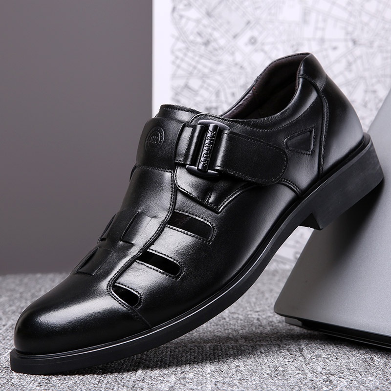 Men's Leather Shoes Summer Breathable Hollow Sandals Genuine Leather Men's Business Casual Hole Shoes Velcro Middle-aged Dad Shoes