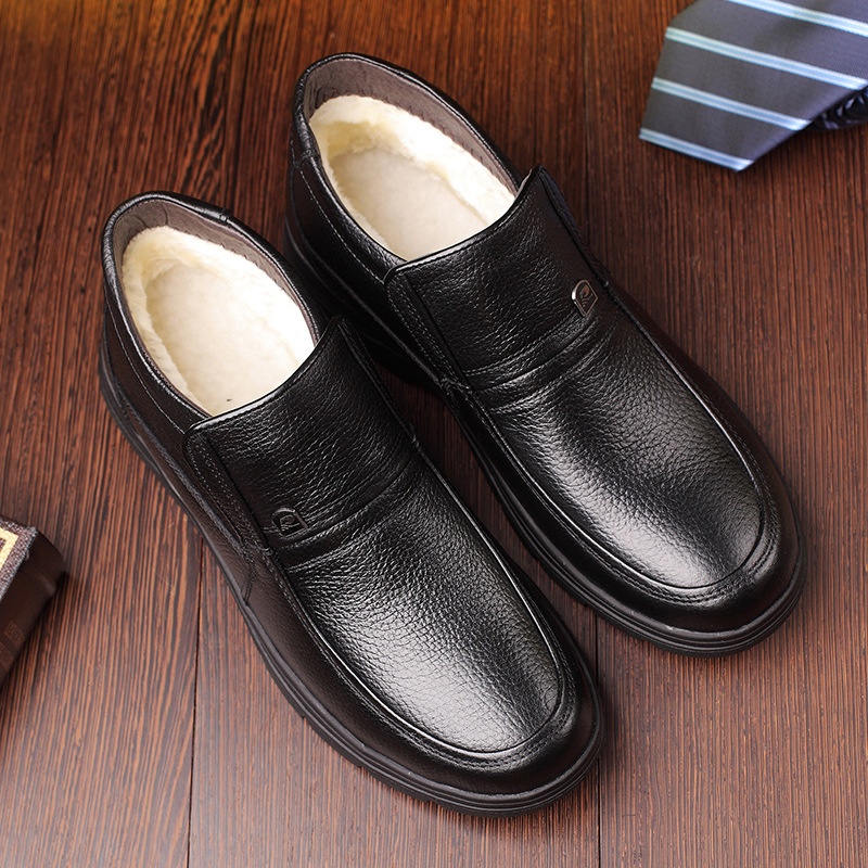 Winter Cotton Shoes Large Size Men's Genuine Leather Wool High Top Shoes Middle-aged Plus Velvet Warm Thick Bottom Non-slip Dad Cotton Leather Shoes