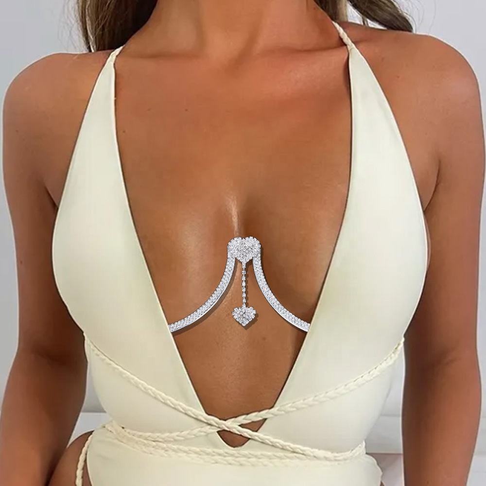 Hot Double Heart Rhinestone Chest Support Fashion Body Accessories Queen Sexy Bikini Body Chain Chest Chain