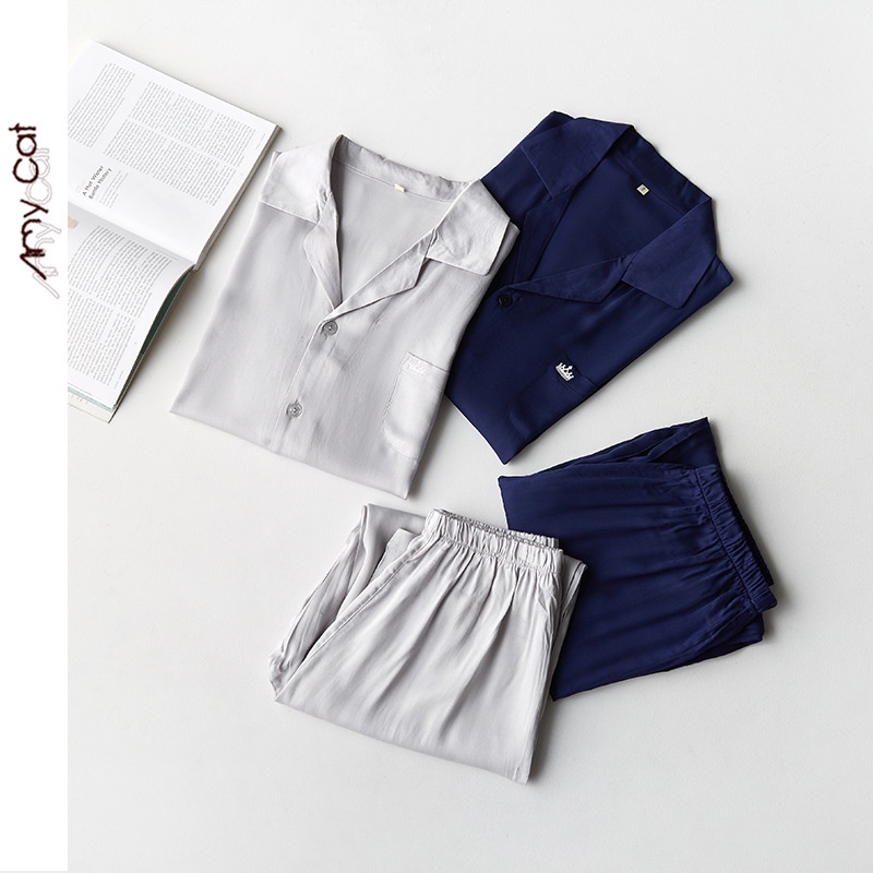 Miximao Casual Simple Men's Cardigan Solid Color Satin Crown Embroidery Long Sleeve Lapel Home Wear T