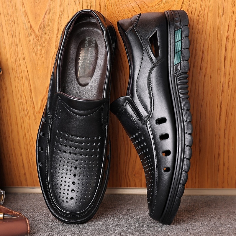 Summer Men's Hollow Sandals First Layer Of Cowhide Middle-aged And Elderly Dad Shoes Breathable Casual Shoes Foot Cover