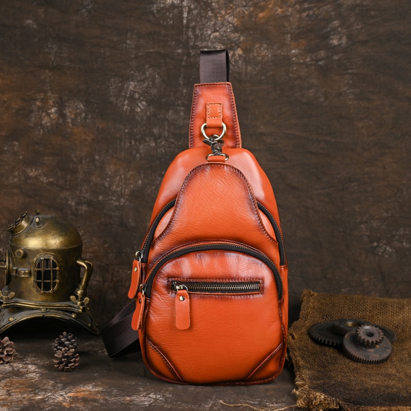 Retro Genuine Leather Chest Bag Women's First Layer Cowhide Shoulder Bag Fashion Messenger Bag Casual Chest Bag Korean Version Men And Women Bag