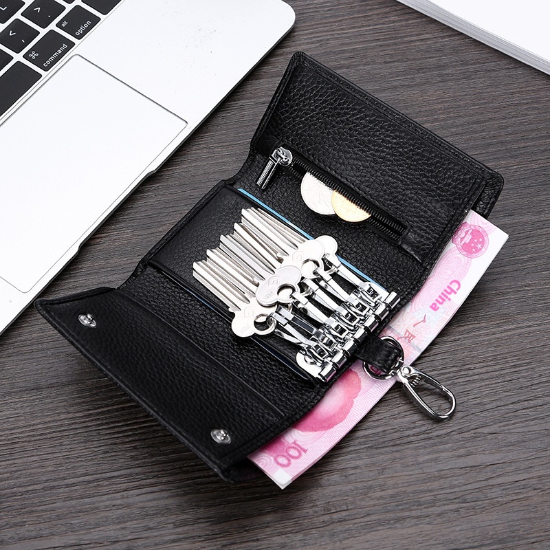 Genuine Leather Key Bag Multifunctional Tri-fold Wallet For Men And Women,Top Layer Cowhide Keychain Bag,Fashionable Card Slot Coin Purse