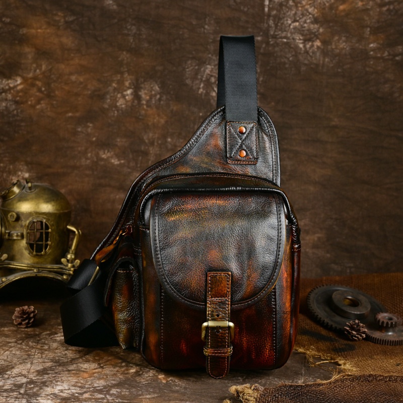 Foreign Trade Men's Chest Bag Handmade Retro First Layer Cowhide European And Americany Outdoor Genuine Leather Men's Bag Large Capacity Backpack