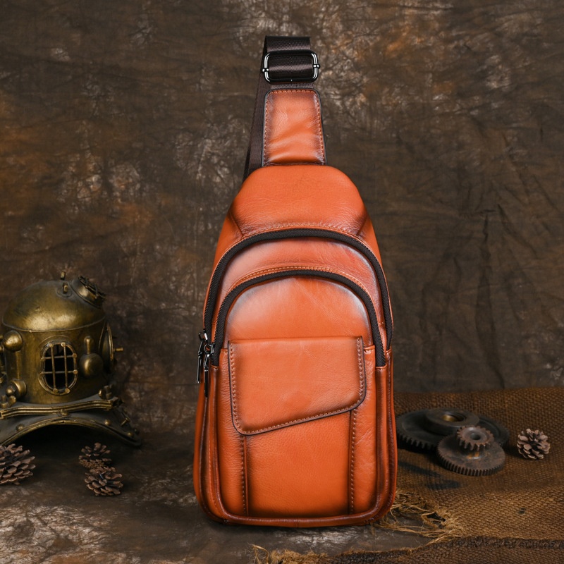 Genuine Leather Chest Bag Men's Retro Backpack Messenger Bag First Layer Cowhide Casual Sports Shoulder Bag Popular Men's Bag