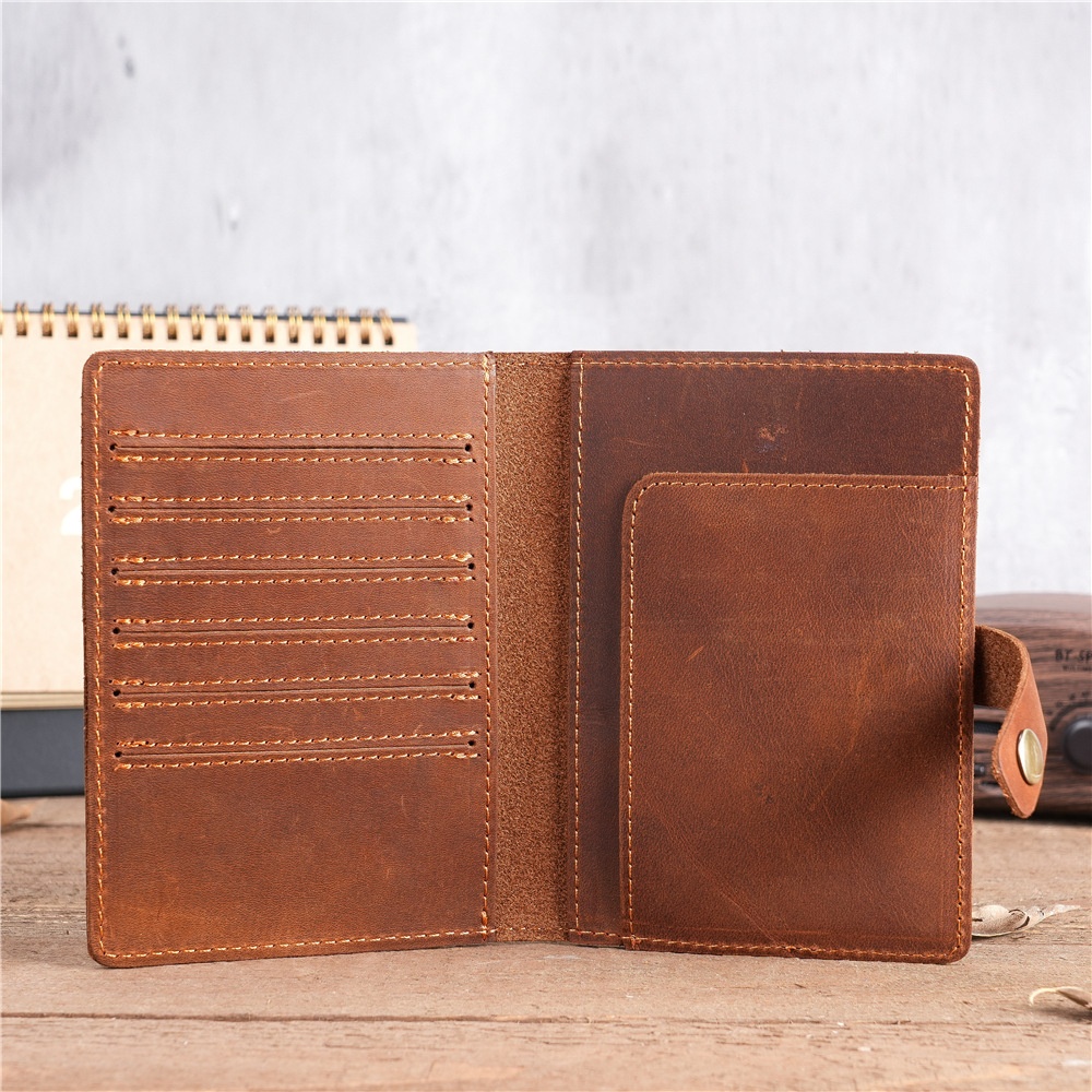 NT005 Men's And Women's Vintage Genuine Leather Passport Bag Crazy Horse Leather Multi-Card Card Holder Coin Bag Snap Button