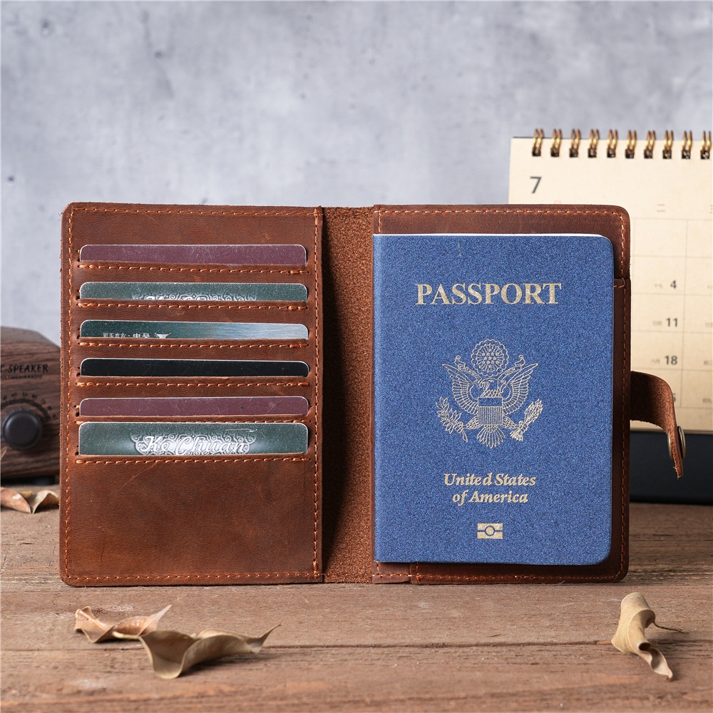 NT005 Men's And Women's Vintage Genuine Leather Passport Bag Crazy Horse Leather Multi-Card Card Holder Coin Bag Snap Button - 2