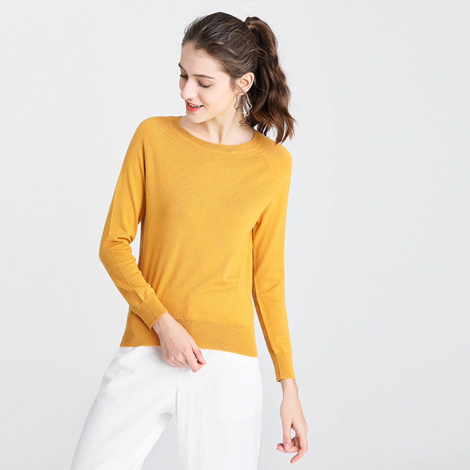 Pulaiya Spring And Autumn Yellow Round Neck Basic Style Basulan Wool Slim Knit Sweater Bottoming Shirt
