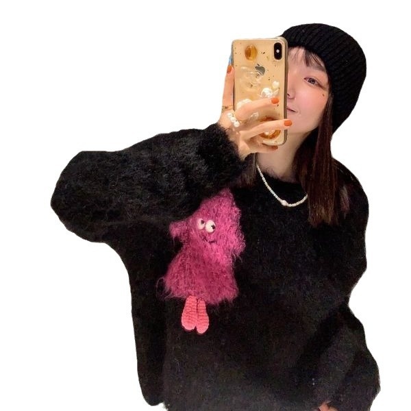 Dopamine Imitation Mink Sweater For Women Cartoon Little Monster Pullover Sweater Loose Soft And Waxy Barbie Pink