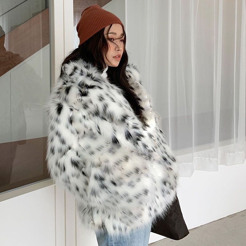 Fashion Casual Women's Fur Coat Fox Fur Coat Mid-length Suit Collar Leopard Fur Plush Windbreaker Korean Version