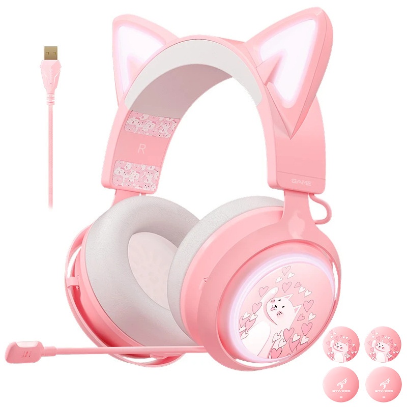 Pink Cat-Ear Gaming Headset With LEDLights–2.4 GWireless E-Sports Headphones For Gaming