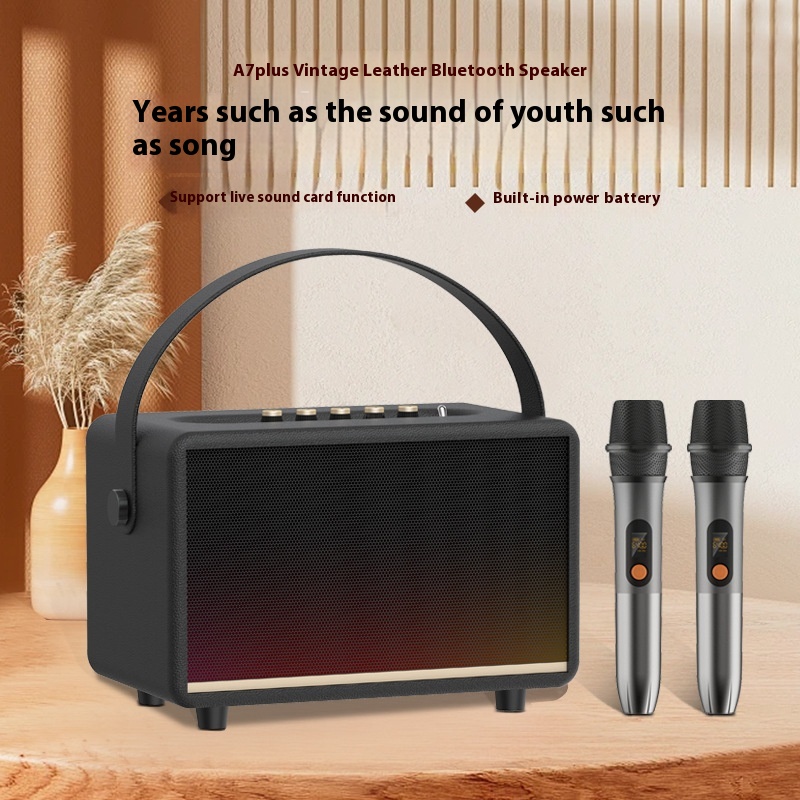 Retro Leather Wooden Bluetooth Speaker High Quality Outdoor Home Karaoke Microphone Portable Bluetooth Speaker